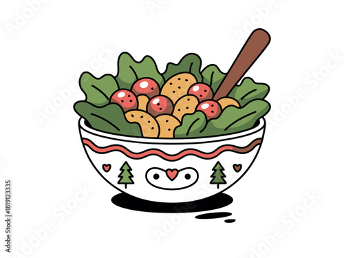 A whimsical bowl of fresh salad with cherry tomatoes, croutons, and a spoon, presented in a charming, illustrated style.