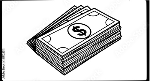 Vector of a stack of dollar bills, simple outline drawing, financial concept, isolated, high-contrast black and white