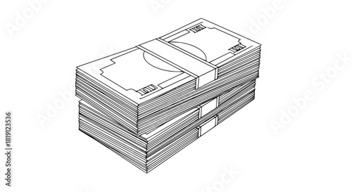 Vector of a stack of dollar bills, simple outline drawing, financial concept, isolated, high-contrast black and white