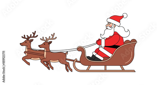 Cartoon santa claus riding sleigh pulled by two reindeer isolated on
