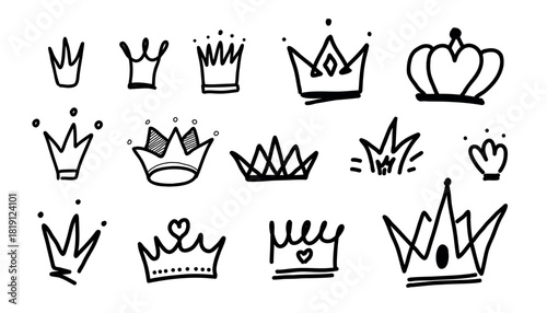 Hand-Drawn Crown Doodles Set in Black on White