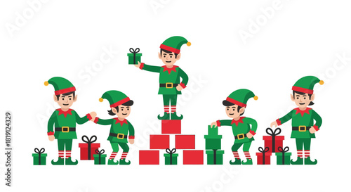 Group of five cute christmas elf character working with gift box