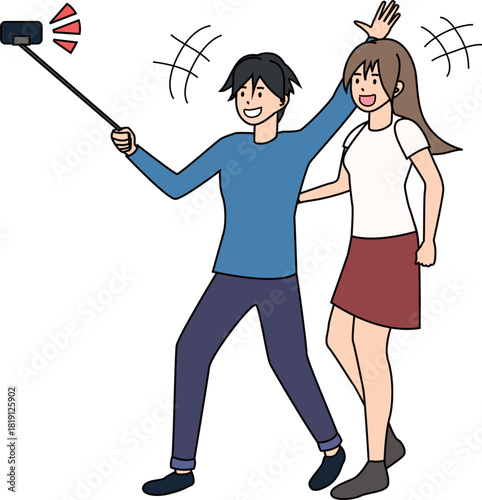 自撮りを楽しむ男女の明るいイラスト