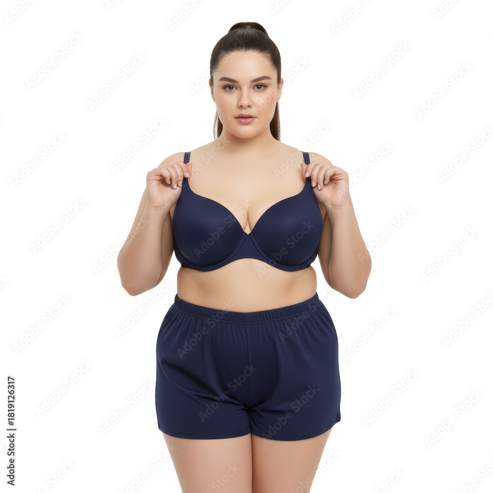 Obraz premium Confident plus-size woman in navy lingerie against an isolated transparent background