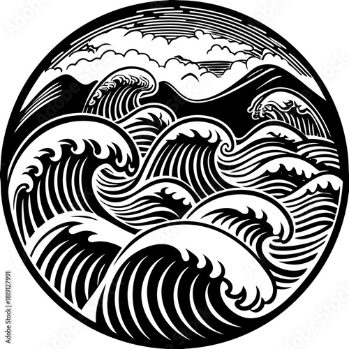 Stylized circular ocean waves and mountains with clouds