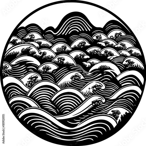 Stylized black and white circular ocean waves and mountains