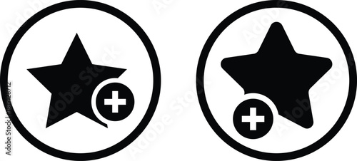 Add to favorite icon with star. Star rating and plus symbol. Mark as Favorite Icon. Save and prioritize content signs