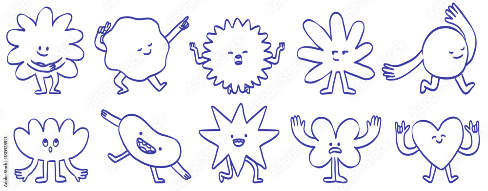 Obraz premium Smiling character and mascots illustrations. Abstract funny cartoon stickers and line icons. Vector logo design elements and emoji emblems for web and ui advertising, branding, posters and banners.