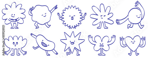 Smiling character and mascots illustrations. Abstract funny cartoon stickers and line icons. Vector logo design elements and emoji emblems for web and ui advertising, branding, posters and banners.