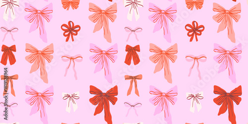 Seamless pattern with various pink and red color bow knots. Trendy hair braiding or gift decor accessory. Cute vector illustration for party wrapping paper, packaging, fabric, wallpaper backgrounds.