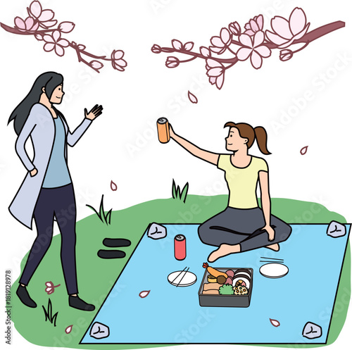 花見を楽しむ女性たちのピクニックイラスト