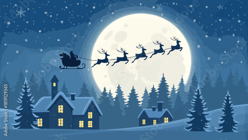 Enchanting holiday silhouette of Santa's sleigh flying over snowy village on Christmas Eve night