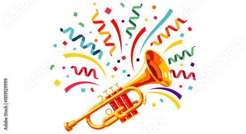 Golden trumpet with colorful confetti and streamers exploding from the bell, creating a festive and celebratory atmosphere.