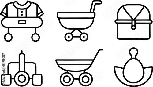 Baby stroller, romper, pacifier, and baby items icon set