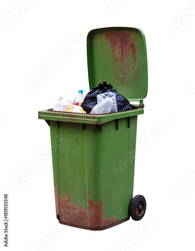 A old trash can with a open lid on it isolated on transparent background 