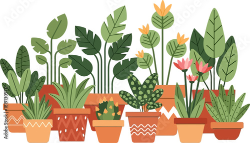 A vibrant illustration of various potted houseplants with diverse foliage and decorative pots.