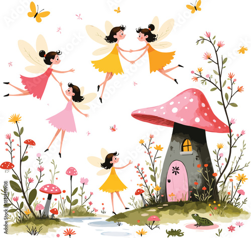 Fantasy Fairy Tale Illustration with Mushroom House and Little Fairies