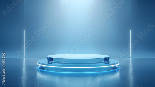 Blue Glossy Minimal Podium with Soft Light Reflections Background