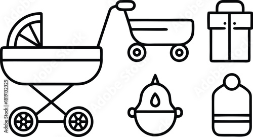 Baby care icons: stroller, gift box, bottle, pacifier, toy cart