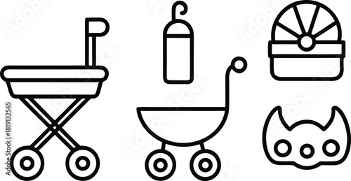 Baby carriage, stroller, and feeding bottle icon set for child care