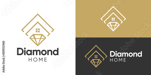 Creative simple diamond home logo template. Home with diamond for luxury home logo, real estate logo design vector illustration.