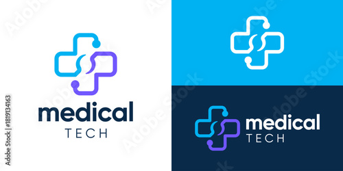 Creative modern medical tech logo template. Simple cross plus with stethoscope or dot connect logo design vector illustration.