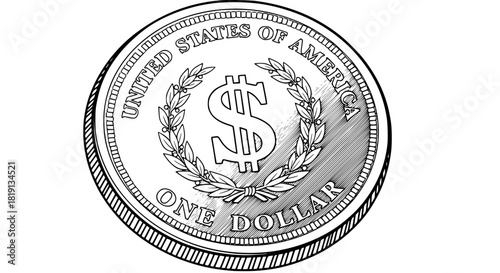 Vector icon of a dollar coin with engraved details, minimal line art, isolated