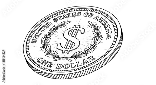 Vector icon of a dollar coin with engraved details, minimal line art, isolated