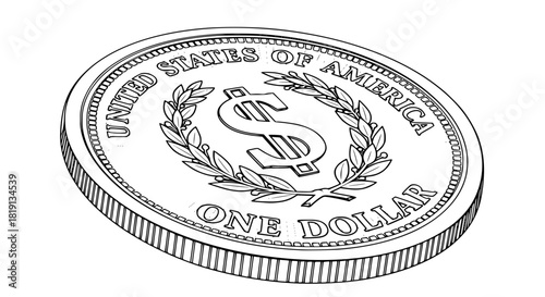 Vector icon of a dollar coin with engraved details, minimal line art, isolated