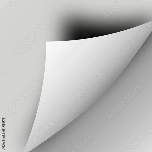 Corner of a page appears curled on paper edge with peeling sticker. Turning book reveals folded shadow on document at angle. Curl shows message sheet in turn, bent fold creating a border effect. 