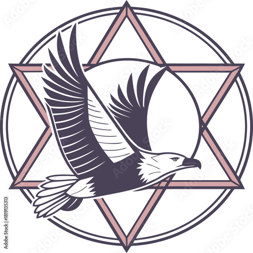 Stylized illustration of an eagle in flight centered within a hexagram and circle emblem, isolated on white background