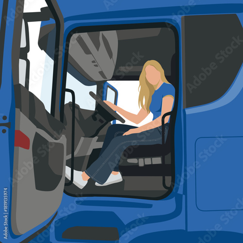 Woman Sitting in Open Truck Cabin – Modern Logistics and Transportation
