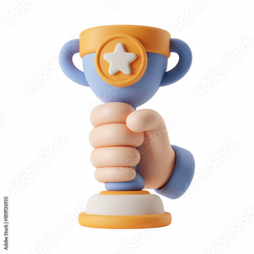 3D Hand Holding Trophy Cup, Winner Award Champion Success Achievement Icon, Isolated on Transparent Background