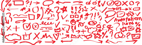 Vector swoosh brush underline set doodle, hand drawn. Collection of hand drawn red arrows and symbols on white background. A chaotic and dense collection of red hand-drawn arrows, checkmarks, question