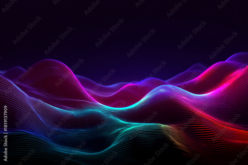 Fototapeta premium A vibrant abstract landscape of glowing neon lines forming rolling waves and peaks against a dark background creating a digital art visualization
