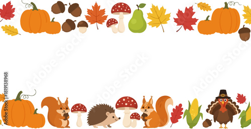 Autumn harvest border design with pumpkins, squirrels, turkey, leaves, and mushrooms on a white background, perfect for fall celebrations.