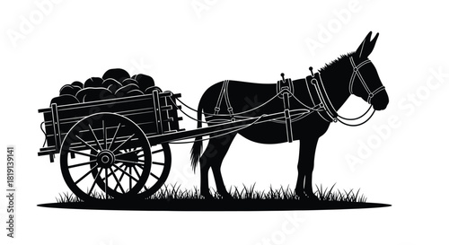 A black and white silhouette of a donkey pulling a loaded cart