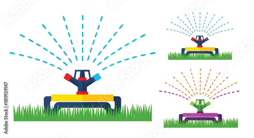Colorful lawn sprinkler illustrations showing different spray patterns on green grass