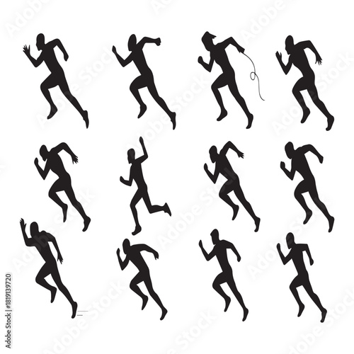 Silhouette styles of runners sprinting with explosive motion and athletic poses on white background