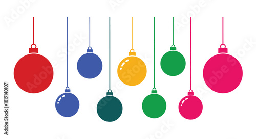 Colorful christmas ornaments hanging in a row against a white background