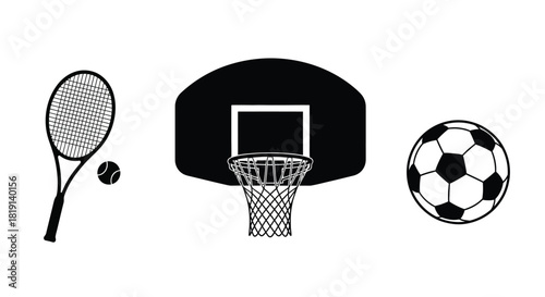 A collection of sports equipment including a tennis racket basketball and soccer ball