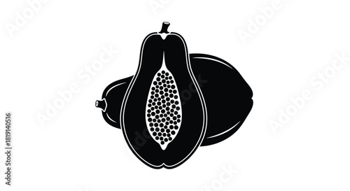 Sliced papaya fruit with visible seeds a monochrome botanical illustration