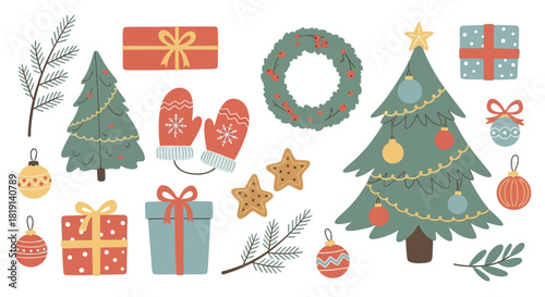 A collection of festive Christmas holiday elements including decorated trees, gift boxes, mittens, wreath, and ornaments.