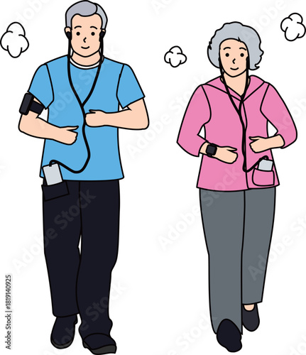 音楽を聴きながら運動する高齢男女イラスト