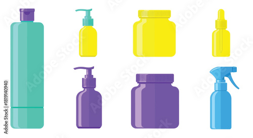 Assorted colorful cosmetic and cleaning product containers in flat vector style