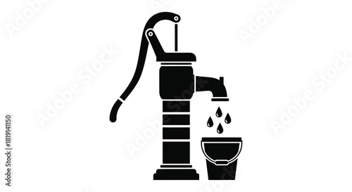 A classic black and white illustration of a water hand pump and bucket