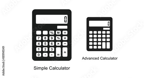 Two black and white calculator icons one simple and one advanced displayed
