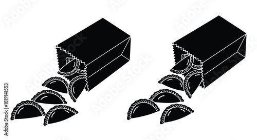 Two black and white images, showing food from inside a paper packet