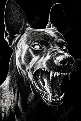 A vicious doberman barks fiercely from the shadows, revealing sharp teeth and mean eyes. The illustration captures the intensity of the moment in striking pointillism detail