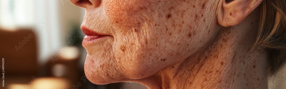 Obraz premium A soft close-up captures the lower face of an elderly woman, revealing the beauty of aging with sunspots and fine lines in a warm, inviting home environment